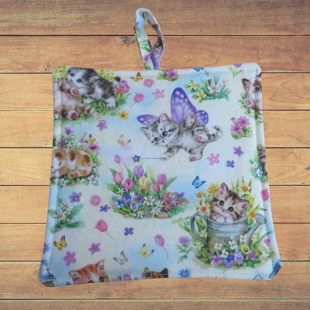 Handmade Potholder, Kittens and Flowers